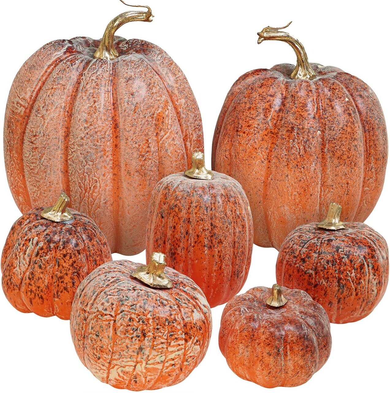 7 Pcs Assorted Orange & Black Artificial Pumpkins – Foam Fall Decor for Thanksgiving, Halloween, Harvest Wedding, Rustic Farmhouse Table Centerpiece, Mantel, Shelf, Seasonal Display